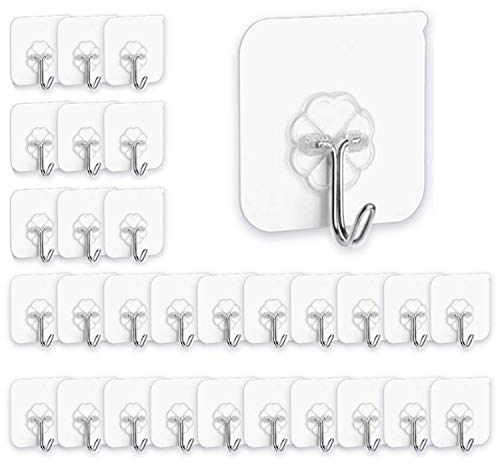Klebehaken, Mehrzweckhaken, Küchenwandhaken, 10 kg (max.), transparent, wiederverwendbar, nahtlos, wasserdicht und öldicht, für Badezimmer, Küche, Büro, strapazierfähig, selbstklebende Haken, 30 Stück