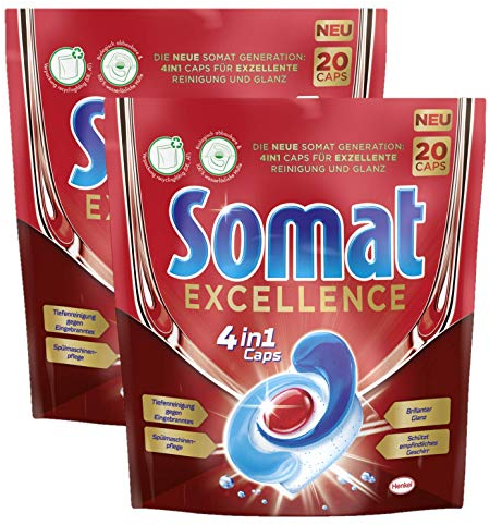 Somat Excellence 4 en 1, 40 cápsulas (2 x 20) para lavavajillas para una limpieza excelente, brillo brillante y cuidado cuidadoso para platos y lavavajillas.