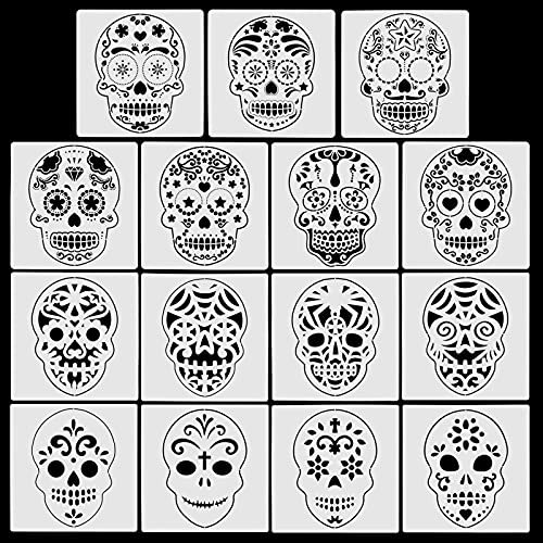 HOWAF 15pcs Totenkopf Schablonen für Halloween Kinder Basteln Zeichnung Malerei, Wiederverwendbare Schablonen für Kinder Halloween DIY Scrapbooking Schnitzen Kürbis Zubehör Zuckerschädel Basteln