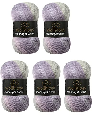 Moonlight Glitter Batik Simli 5 x 100g Strickwolle 500 Gramm Wolle zum Stricken und Häkeln 20% Wolle Metallic-Wolle türkische Wolle Farbverlaufswolle Glitzerwolle (2700 rose grau)
