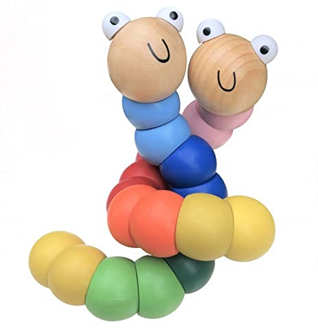 GERILEO Set 2 Gelenktier Wurm aus Holz bunter - Montessori Lernspielzeug - Verbessert Kreativität, Konzentration und Intelligenz - Hilft beim Zählen Erkennen von Farben (Pack: Blau + Rosa)