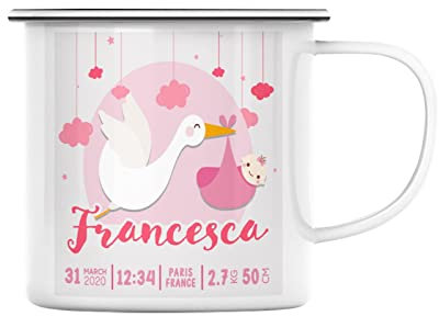 Mug en Métal Emaillé Naissance Personnalisable Fille Faire-Part Idée Cadeau Bébé Parent Nouveau Né