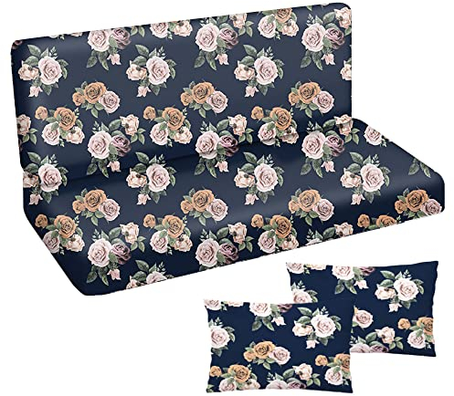 Auflage für Hollywoodschaukel 120x50x50 Gartenbankauflage und 2 Kissen Palettenauflage Bankauflage Sitzkissen und Rückenkissen Polsterauflage Matratze Gartenpolster Glatt Dunkelblau Rosen [133]