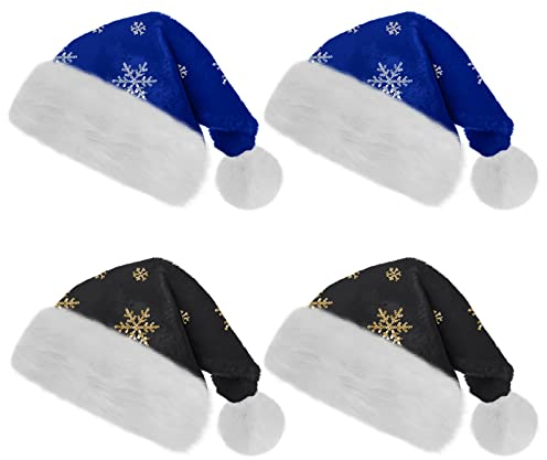Deggodech Weihnachtsmütze Santa Hat, Plüsch 4Pcs Blau und Schwarz Nikolausmütze mit Golden Silber Pailletten Schneeflocke für Neujahr Festliche Weihnachtsfeier Erwachsene Kinder Teenager