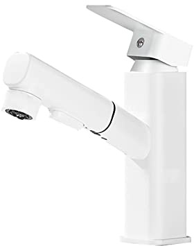 Robinet Mitigeur Lavabo avec Douchette Extractible Robinet Salle de Bain 2 Modes Poignée Unique Robinetterie Vasque à Poser pour Salle Bain Lavabo Blanc-A,Basse