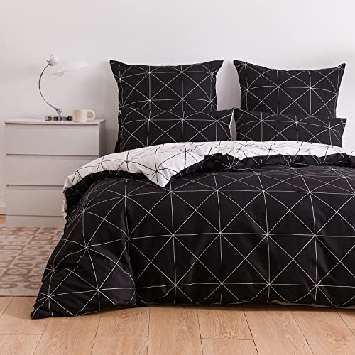 Luofanfei Schwarze Bettwäsche 135x200 4teilig Kariert Aesthetic Modern Bettwäsche Schwarz Weiß Muster Set Microfaser Tumblr Bettbezüge 135 x 200 Einzelbett Set und 80x80 Kissenbezüge