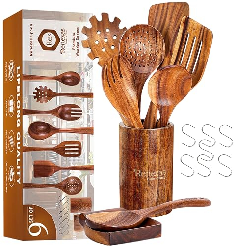 Renexas 9 Pcs Teak Wooden Spoons for Cooking– Non-Toxic, Non-Stick Kitchen Utensils Set Wood Spatulas with Hooks, Spoon Rest & Holder – Lightweight, Heat Resistant, Eco-Friendly.
