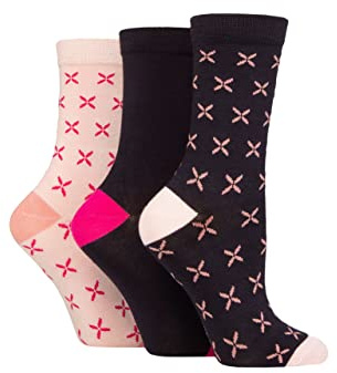 Glenmuir Womens Patterned Bamboo Socks Bright and Colourful, Fun Designs - Pack of 3 - Cross Navy 4-8