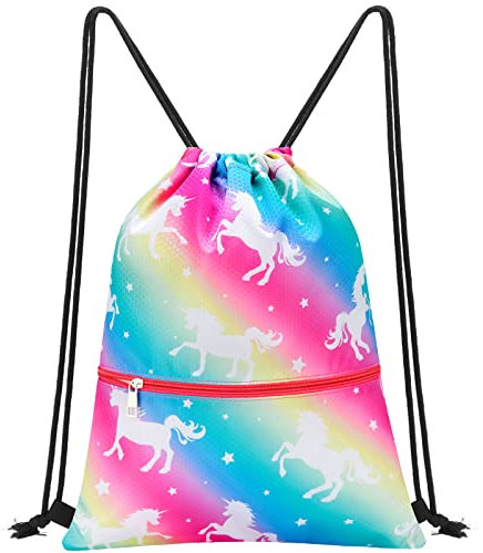 WAWSAM Mochila con cordón para niños, 34 x 45 cm, bolsa de polietileno impermeable para playa, piscina, escuela con bolsillo con cremallera, Unicornio G, M