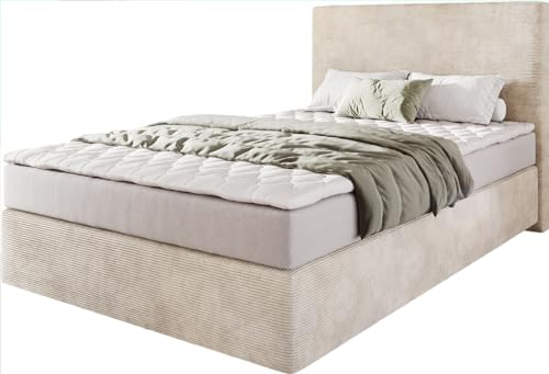 DELIFE Boxspringbett Dream-Well Cord Beige 120x200 cm mit Matratze und Topper