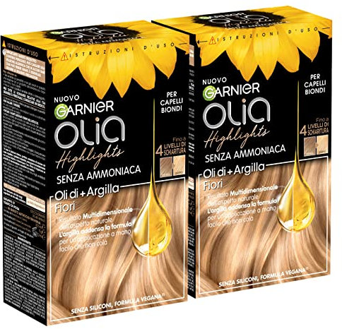 Garnier Olia Highlights Bleichbehandlung für blonde Haare ohne Ammoniak vegane Formel ohne Silikone mit Blütenölen und Ton 4 Stufen Aufhellung natürliches Ergebnis - 2 Packungen