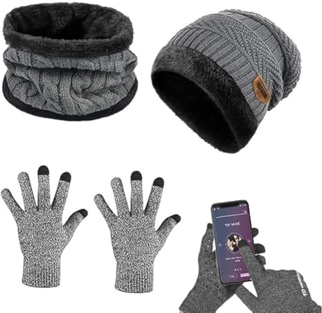 Aoreun Mütze Schal Handschuhe 3 Stück Sets, Wintermütze Touchscreen Handschuhe Warme Schal 3 in 1 Winter Beanie Hut mit Fleecefutter Strickmütze Unisex Warme Geschenkset (Grau)