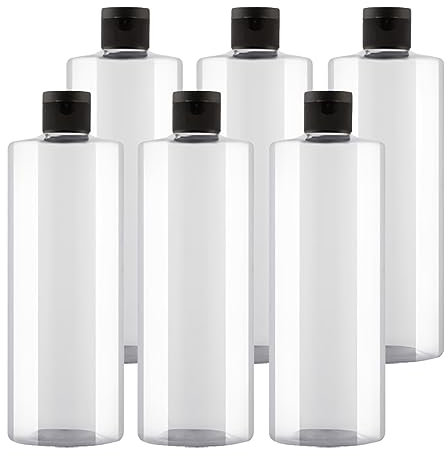 BPZXL Pack of 6, Empty 500ml Refillable Transparent Plastic Bottles with Black Flip Cap Bottle for Cosmetic shampoo, conditioner, lotion, shower gel, etc.