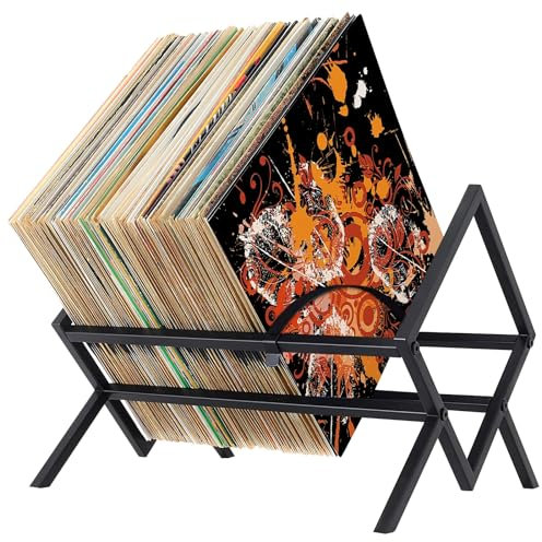 TOPEV Vinyl Record Storage Holder, Metal Record stand Holds up to 100 LP, Creative CD Display Stand, Easy to Assemble, Strong Construction Durable, for the office or any room, Black