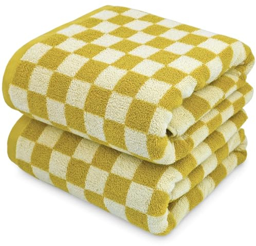 Luxus-Badetücher, 2er-Pack Baumwoll-Badetücher zum Trocknen von Körpern, 139,7 x 69,8 cm, Senfgelb kariert