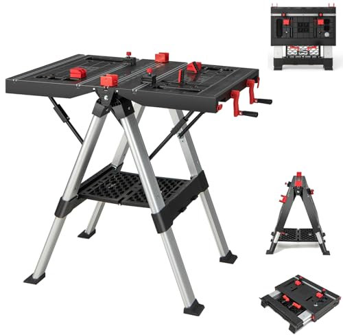 GiantexUK Folding Workbench, Height Adjustable Flip-Top Work Bench Tool Stand with Functional Clamping System, Portable Work Table Sawhorse for Wood Processing Engineering Repairing (Black+Red)