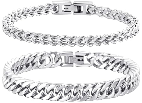 2 Stück Edelstahl Armband Für Herren Edelstahlarmband Kubanisches Armband Silber Für Männer Stainless Bracelet for Men Tigerauge Armband Armkette Für Herren Edelstahl Armbänder Für Männer