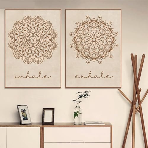MHLCMG Leinwand Malerei Mandala Yoga Beige Inhale Exhale Bilder Wandkunst Minimalistisches Poster Kunstdruck Bild Wand Wohnzimmer Schlafzimmer Dekor Kein Rahmen (2X60X90CM,1)