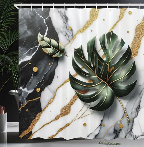 ABAKUHAUS Monstera Duschvorhang, Natur Abstrakter Marmorhintergrunddruck mit goldenen Gelbtönen Blätter, Stoffliches Gewebe Badezimmerdekorationsset mit Haken, 175 x 200 cm, Dimgray Jägergrün