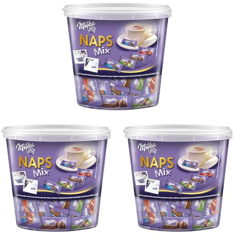 Milka Naps Mix 1 x 1kg Dose, Zartschmelzende Mini-Schokoladentäfelchen aus Alpenmilch, Erdbeer, Haselnuss und Crème au Cacao (Packung mit 3)