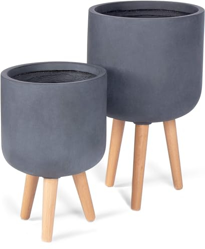 NATINDESIGN Blumentopf mit Beinen 2er Set Ø 27 & 22cm Blumen Topf Grau Beton Optik | Blumentopf Gross für In- und Outdoor | Übertopf Holz Fuesse | Pflanzkübel Groß Außen & Innen (2er Set)