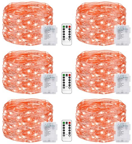 litogo 6 Stück Lichterkette Batterie, 5M 50 LED Lichterkette Batterie mit Timer & Fernbedienung 8 Modi Wasserdicht Lichterkette Draht für Innen/Außen Weihnachten Garten Party Hochzeit Deko,Orange