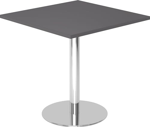 bümö Besprechungstisch, Esstisch klein, Tisch eckig 80x80 cm - Kleiner Esstisch Graphit, Rundtisch Esstisch 2 Personen mit Holz-Platte, Säule aus Metall verchromt, Konferenztisch, Bistrotisch
