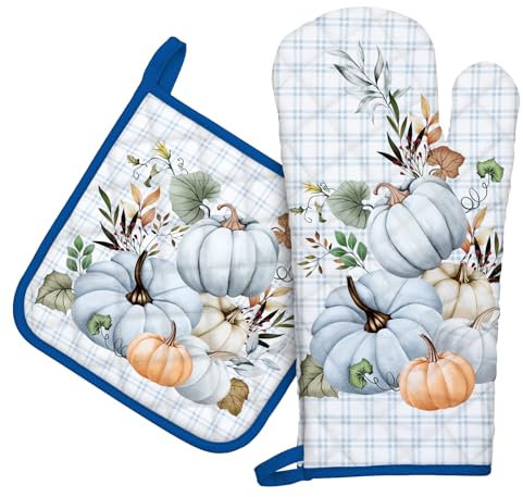 Arquiel Ofenhandschuh und Topflappen 2er Set, 100% Baumwolle Kochhandschuhe, Hitzebeständiger Küchenhandschuh Zum Kochen Backen Grillen Geschenk,Herbstblauer Kürbis