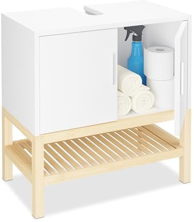 Relaxdays Mobiletto Sottolavabo, Armadietto per Lavandino, Mobile Bagno, HLP 60,5x60x33 cm, bambù e MDF, Bianco Naturale, Fibra di Legno
