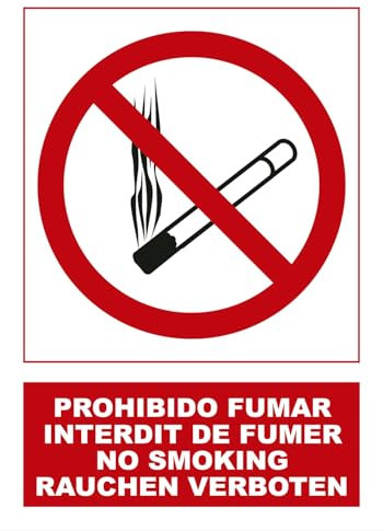 IberNorma IBP0100 Señal de Prohibido fumar Multilenguaje 21x30cm Cartel de No fumar en varios idiomas Castellano, Francés, Ingles y Alemán en PVC homologado