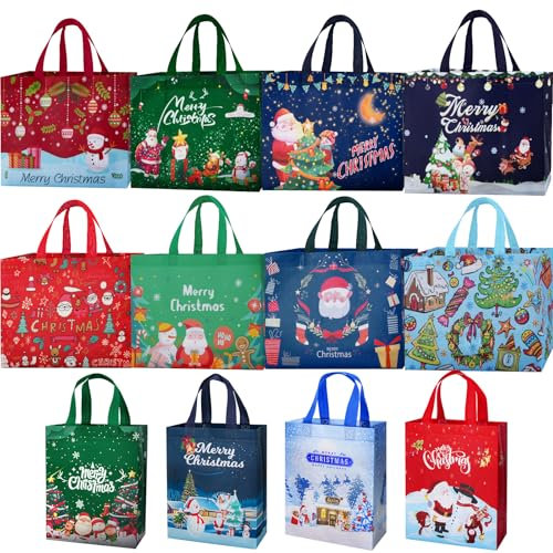 12 Stück Geschenktüten Weihnachten Groß, Non Woven Weihnachtstaschen Weihnachtstüten mit Griffen, Wiederverwendbare Weihnachtsgeschenktüten, Weihnachts Geschenktüten, 32.5 x 25 x 17 cm