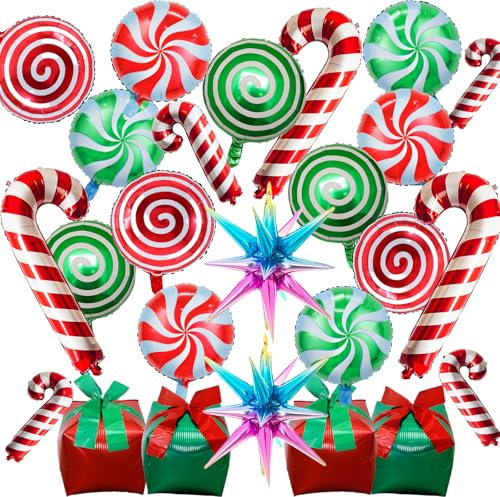 Weihnachtsdeko Helium Ballons, 25 Stk Weihnachten Deko Luftballons Set Süßigkeiten Zuckerstangen Geschenkbox Explosion Stern Folienballons, Rot Grün Weihnachts Ballons für Christmas Party Dekoration