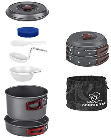 Bulin 8-teiliges Camping-Kochgeschirr-Set, leichtes Backpacking-Kochset, Outdoor-Kochausrüstung für Familienwandern, Picknick (Wasserkocher, Topf, Bratpfanne, Schüsseln, Teller, Löffel)