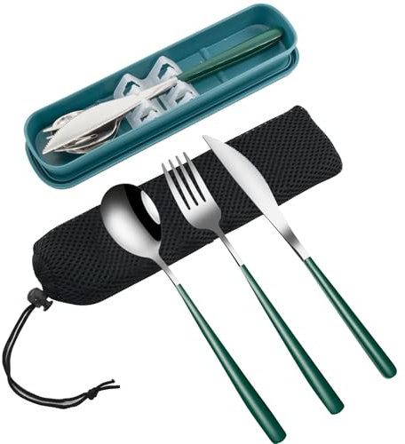 VANRA 3-Piece Portable Travel Utensils Set with Case 18/8 Stainless Steel Flatware Set Reusable Cutlery Set with Fork Spoon Knife for Lunch Travel Camping School Work Picnic (Deep Green)