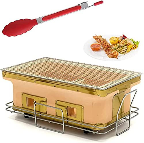 SmPinnaA Japanese Ceramic Clay Grill with Food Tong, Rectangular Hibachi Charcoal Grill Tabletop Charcoal Stove Yakitori Barbecue Cooker for Camping Or Home