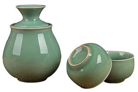 esmen Juego de 4 Copas de Vino Celadon Elegantes, Vasos de cerámica para Sake, Incluye 1 Recipiente para Sake, 2 Vasos para Sake, 1 Recipiente Calentador