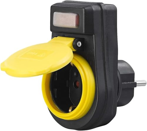 Enchufe Exterior con Tapa Protectora, Adaptador Schuko con Protección IP44 para Exterior, Adaptador de Enchufe Impermeable con Interructor y Iluminado, Ideal para Exteriores