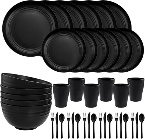 Nervure Set di 42 stoviglie nere infrangibili, riutilizzabili per 6 persone, posate in plastica, pic-nic, alta qualità, piatti di plastica, bicchieri, posate