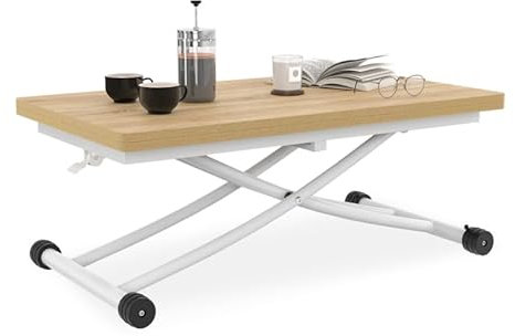 IDMarket - Mesa de centro extensible plegable rectangular Urbana, tapa de haya y patas blancas