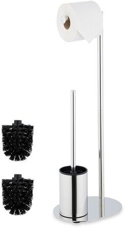 Relaxdays WC Garnitur, Metall, HxBxT: 63x23x17 cm, stehender Klopapierhalter, Toilettenbürste mit Bürstenhalter, Silber