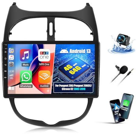 OiLiehu 4+64GB Android 13 2 DIN Carplay Android Auto Autoradio para Peugeot 206/Peugeot 206CC/Citroen C2 2002-2010 Pantalla Radio Coche 9 Pulgadas Bluetooth FM/RDS GPS WiFi SWC EQ Camara Marcha Atras