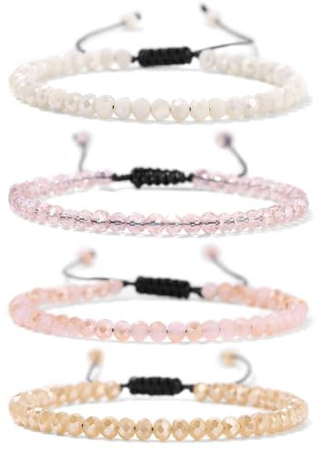 Uwiyo Bracelet de Bohème en Perles de Cristal 4 Pièces Bracelet Pierre Naturelle Femme Réglable Bracelets de Perle Cristaux Multicouches (Rose#1-corde réglable)