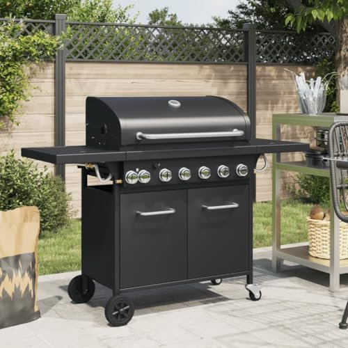 Gas BBQ Grill with 7 Burners - Black Powder-coated Steel Construction
