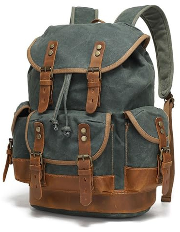 Rucksack aus Segeltuch und Leder: geräumiger, robuster Rucksack für Damen und Herren, Reisen, Wandern