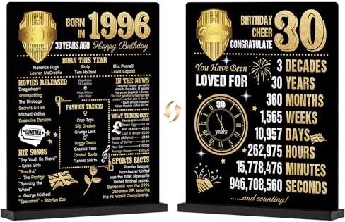 Benjia 30th Birthday Table Sign Decoration, 30 Years Birthday Display Card Gift For Men Women, Born in 1996 UK Poster Table Signs Holder with Stand, Bday Party Supply Decor 20x25 cm, Black Gold