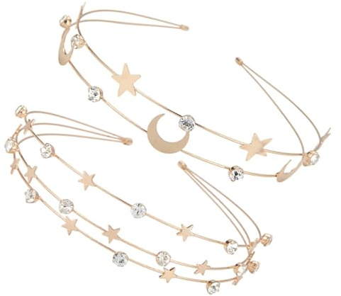 minkissy 2 Stück Doppellagige Metall haarreifen mit Strassstein Stern und Mond Glänzend und Langlebig Modischer Kopfschmuck für Damen für Hochzeit Party und Festliche Anlässe
