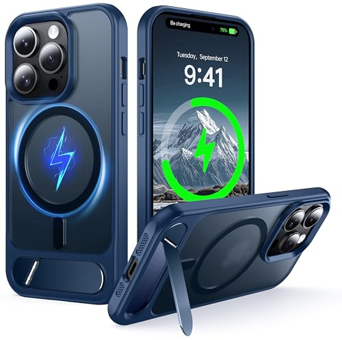 NJROW Magnetic Stand for iPhone 15 Pro Case Compatible with MagSafe Blue | [Stand & Wireless Charging 2in1] [Flush Hidden Kickstand] [Military Shockproof] Slim Translucent Matte,Blue