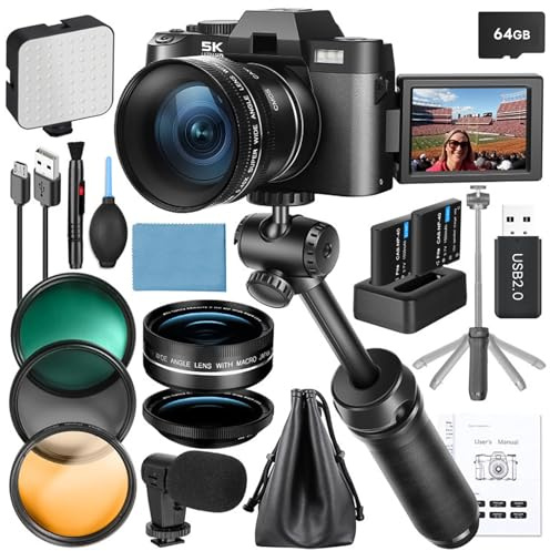 5K Digital Cameras for Photography, 64MP for Vlogging YouTube with Microphone&Tripod Grip, Video Camera with Wide-Angle&Macro Lens,WiFi,AUTOFOCUS 16X Zoom,Content Creator Kit, Travel Camera 64GB Card
