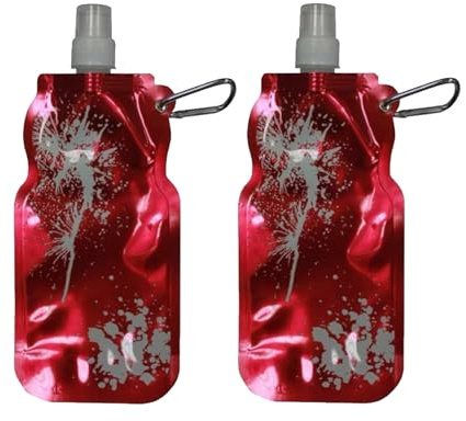 Cheerful Bargains 2-Pack Red BPA-Free Plastic 500ml Foldable Sports Water Bottles | Reusable, Non-Spill Sports-Cap Collapsible Running Bottles with Carabiners | Travel, Gym & Running Essentials