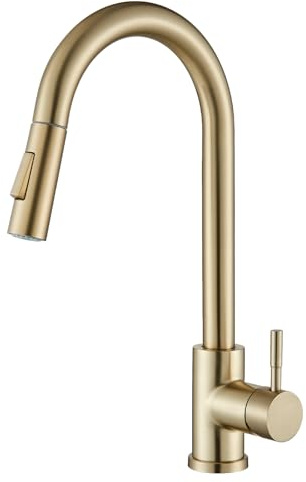 HARNART Kitchen Tap, Stainless Steel Black Sink Tap with Pull-Down Sprayer Hose Single Hole,360° Swivel Kitchen Mixer Taps with 2-Mode Sprayer,Gold